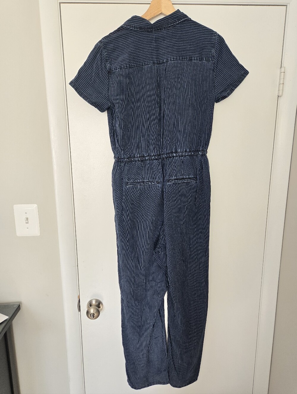 J. Crew Blue Pinstripe Wide Leg Short Sleeve Jumpsuit Size 4 - Picture 2 of 5